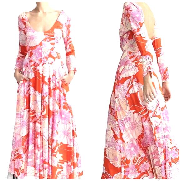 Free People Dress XS Pink Orange Floral Maxi Boho Flowy 70s Retro Maximalist - Picture 1 of 11